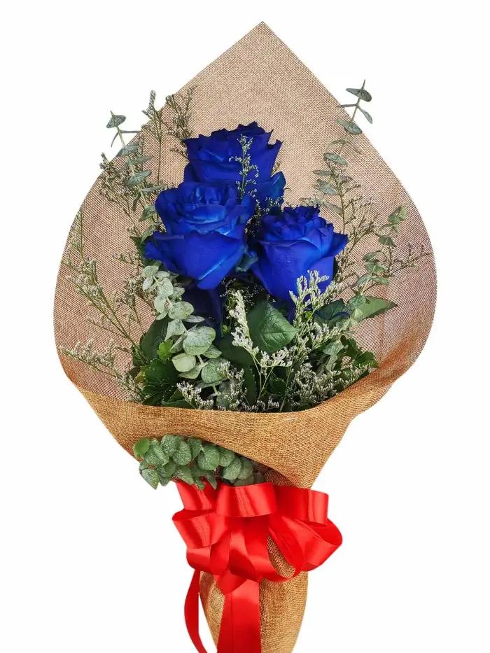 3 stem blue Ecuadorian roses bouquet friendship romantic gift delivery 