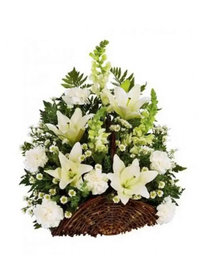 White Stargazer and Gladiolus Funeral Basket with white stargazer flowers, gladiolus stems, white carnation-style flowers, white fillers, greenery, and woven basket for delivery in San Jose Mandaluyong City