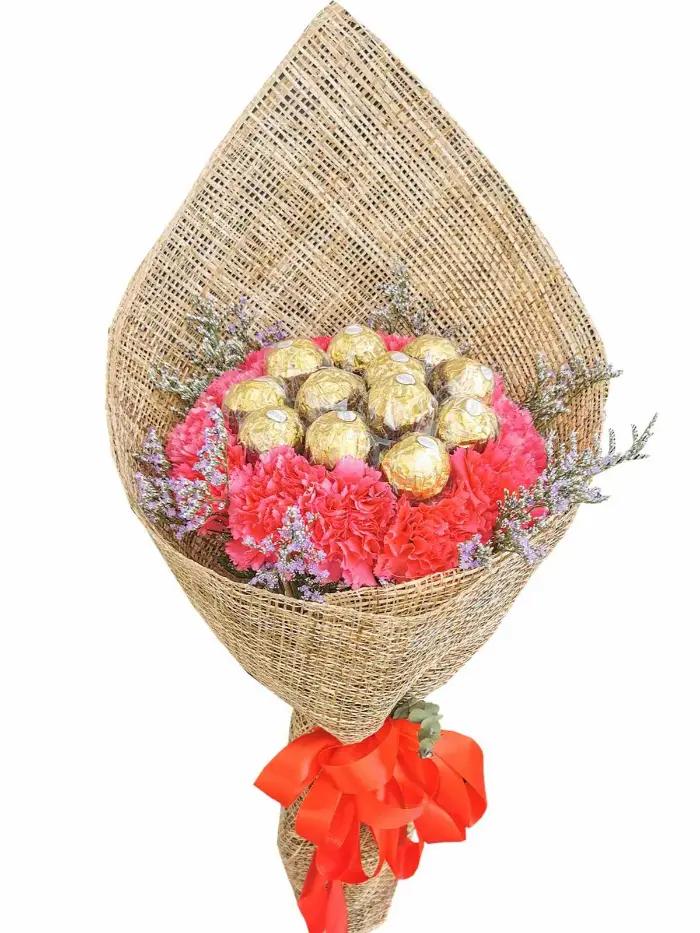 12pcs Ferrero Chocolate + Pink Carnation Bouquet Metro Manila