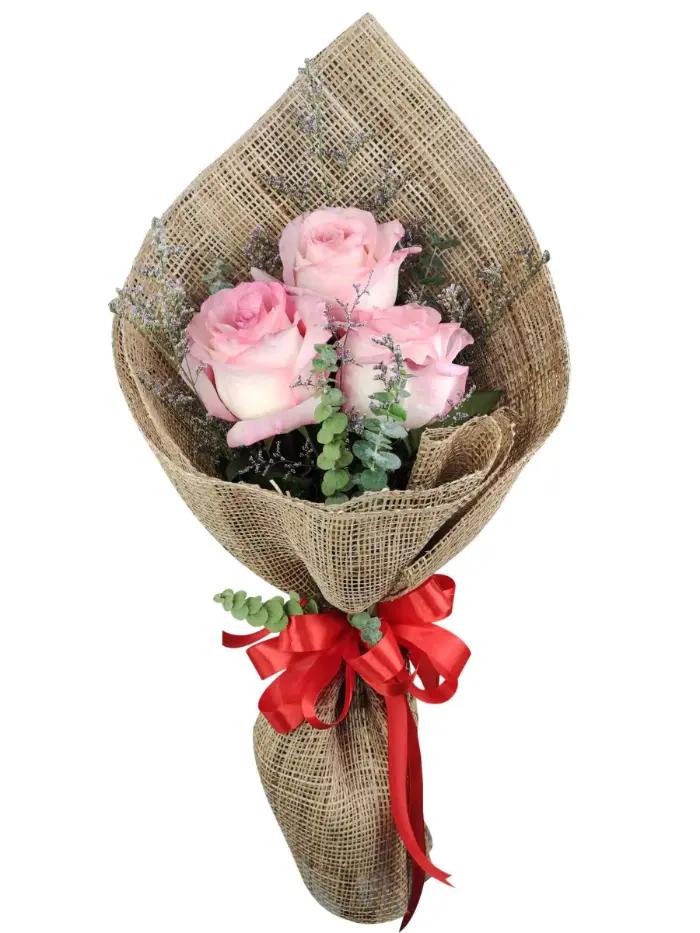 3 Stems Imported Ecuadorian Light Pink Rose with Misty Blue, eucalyptus, and rosal leaves for delivery in Pag Asa, Mandaluyong City