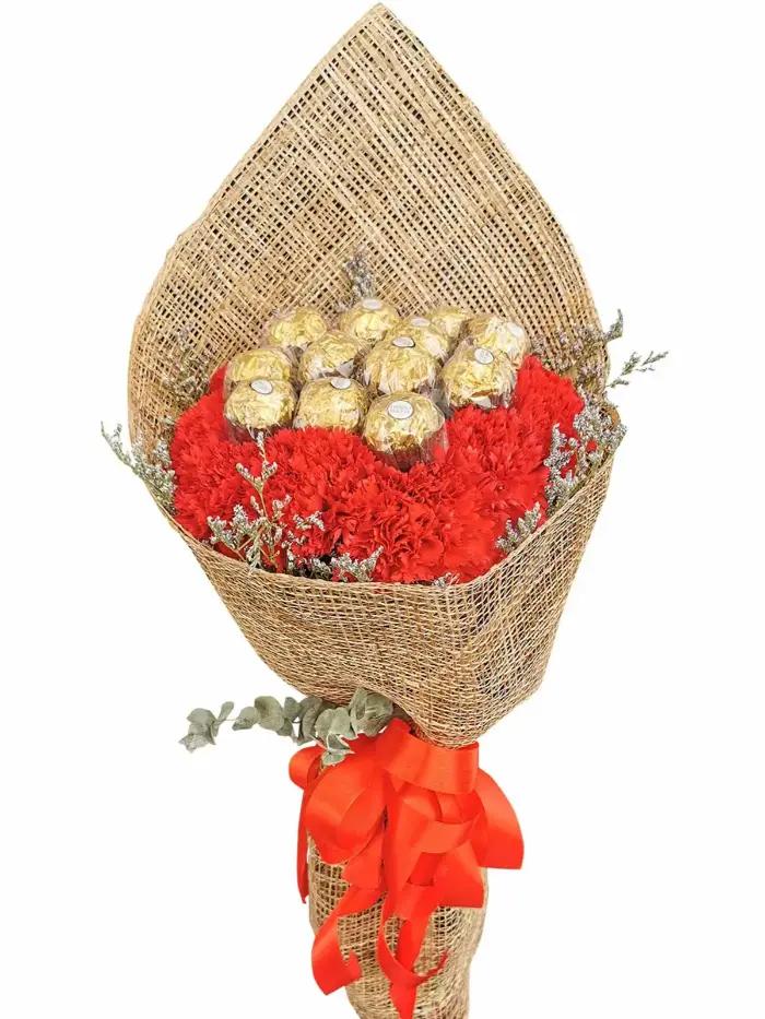 12pcs Ferrero Chocolate + Red Carnation Bouquet Bulacan