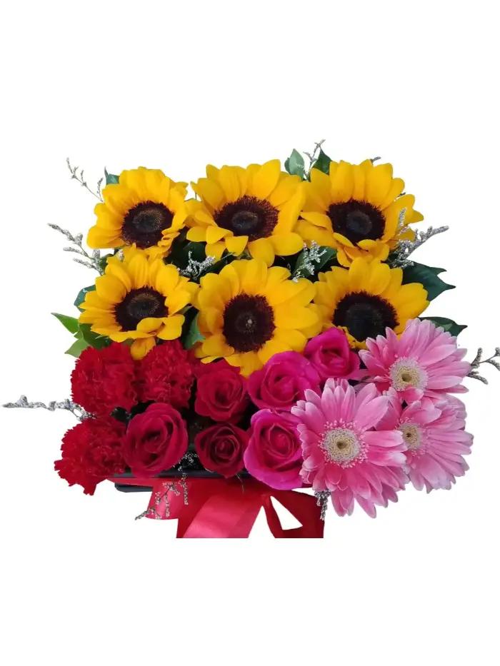 Vibrant Bliss Mixed Love Box – Sunflowers, Roses, Gerberas & Carnations for Same-Day Delivery