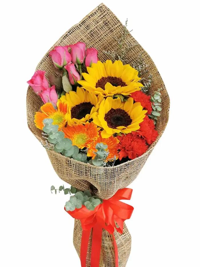 Grand Celebration Mixed Garden Flower Bouquet – Roses, Gerberas, and Sunflowers for Same-Day Delivery