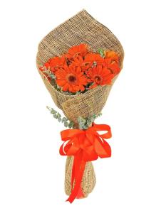 10 Stem Vibrant Orange Gerbera with Misty Blue, eucalyptus, and rosal leaves for delivery in Santa Teresita, Quezon City