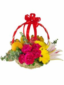 Celebration Fruit & Flower Basket | FlowerBouquet.vip Rizal Gift Celebration Fruit & Flower Basket with Carnations & Lilies – Delivery Rizal