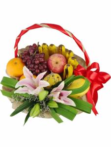 Fruit & Flower Basket with Pink Lilies | FlowerBouquet.vip Bulacan Gift Fruit and Flower Basket with Pink Lilies – Delivery in Bulacan