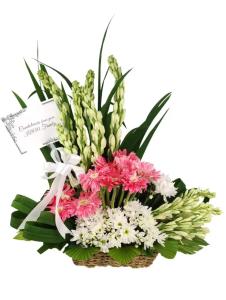 Pink gerbera and white Azucena lily sympathy bouquet with mums for funeral delivery in Bulakan City