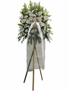 Pure white sympathy flower arrangement with Radus Mums, Anthurium and Azucena Lily in Calumpit City